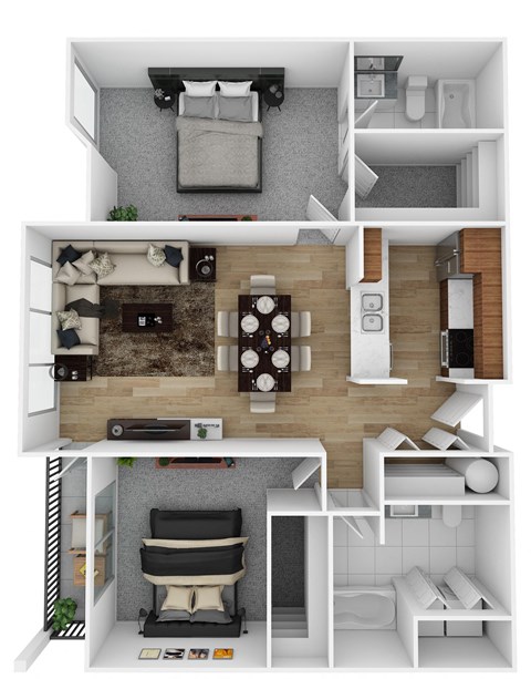 Floor plan for 2 beds, 2 baths, 932 sqft